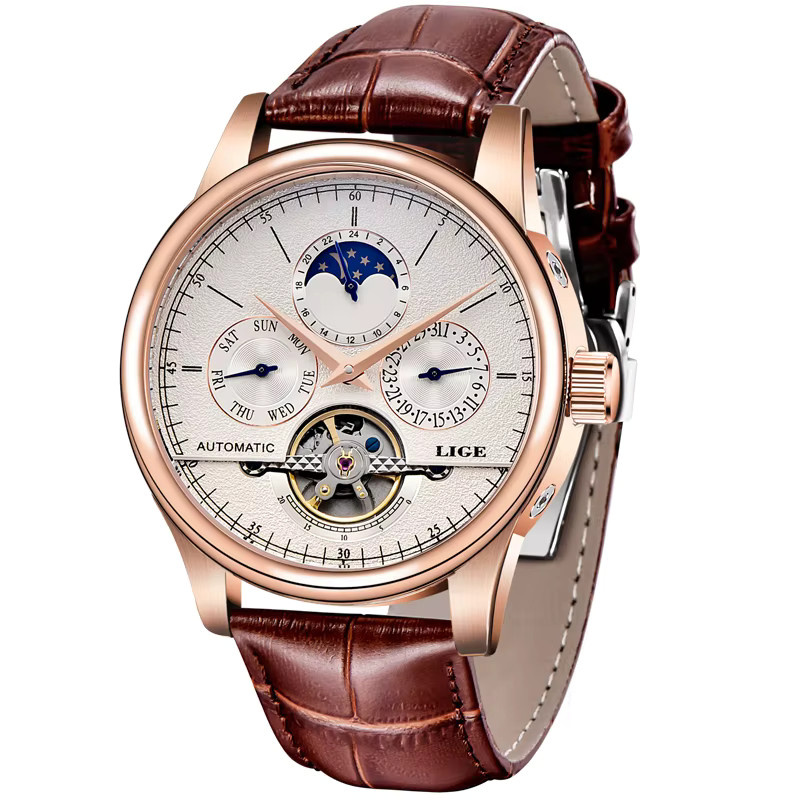 LIGE Armbanduhr Automatik, Leder, Roségold, Herren - Bild 7