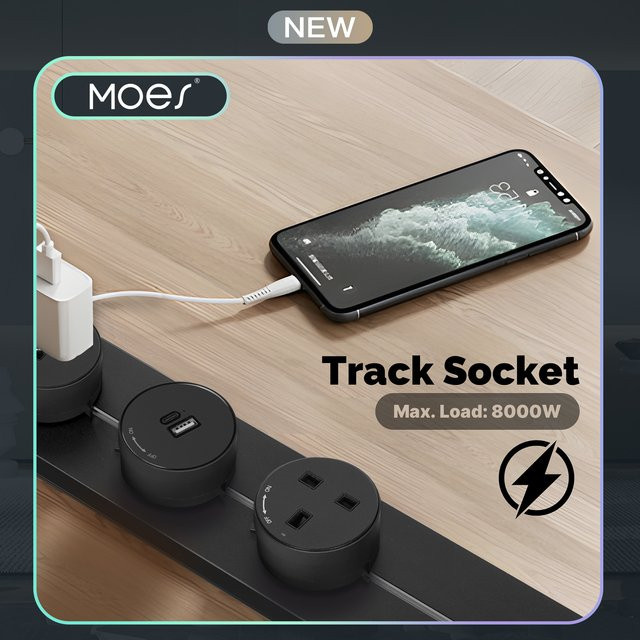 MOES Wand-Stromschienensteckdose mit beweglicher Führungsschiene und USB-C Anschluss für Schreibtisch, Küche und Büro - Bild 1