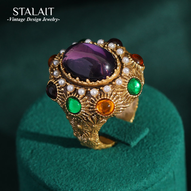 STALAIT Ring, 18 Karat vergoldet, Kristall, Perle, Damen, Vintage - Bild 1