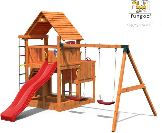 Fungoo Spielturm Big Leader Move Red aus Teakholz mit Doppelschaukel, Rutsche, Kletterwand, Holzdach und Sandkasten - Bild 1