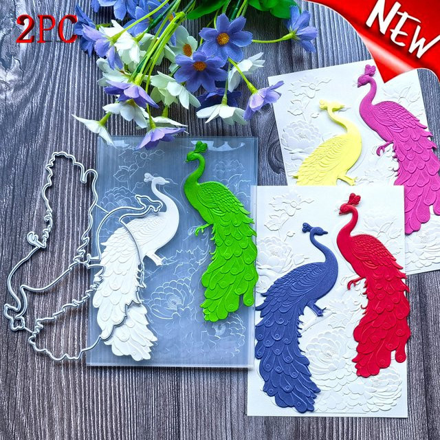2-teiliges Set mit 3D-Reliefordner und Schneidform im Design Blumen und Vögel mit Pfauenmotiv - Bild 1