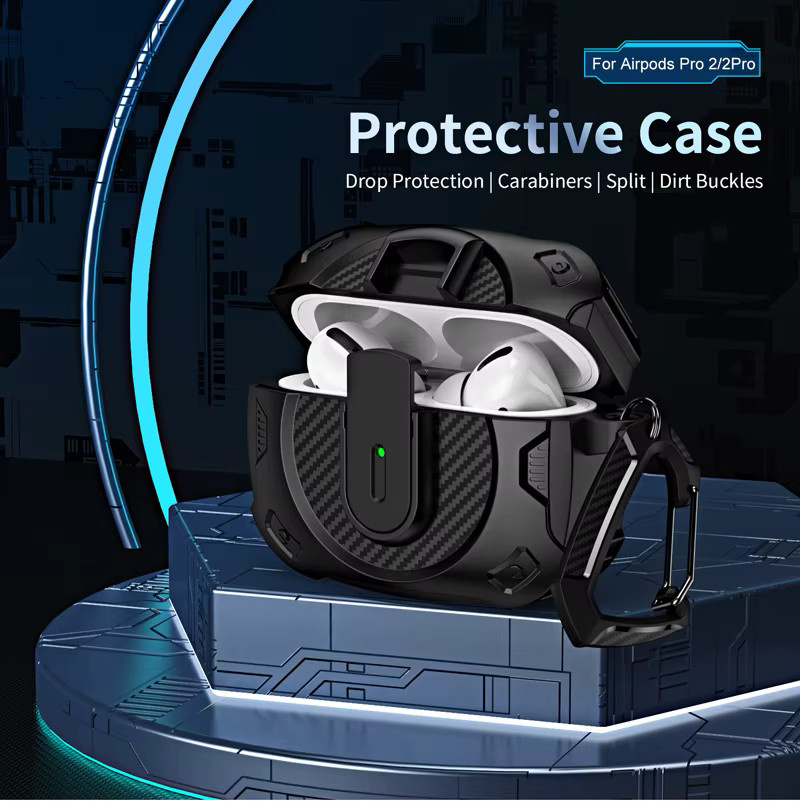 Apple Kopfhörerhülle aus Kohlefaser mit Secure Lock Clip und Bergsteigerschnalle für AirPods 4 3 2 Pro in Schwarz - Bild 3