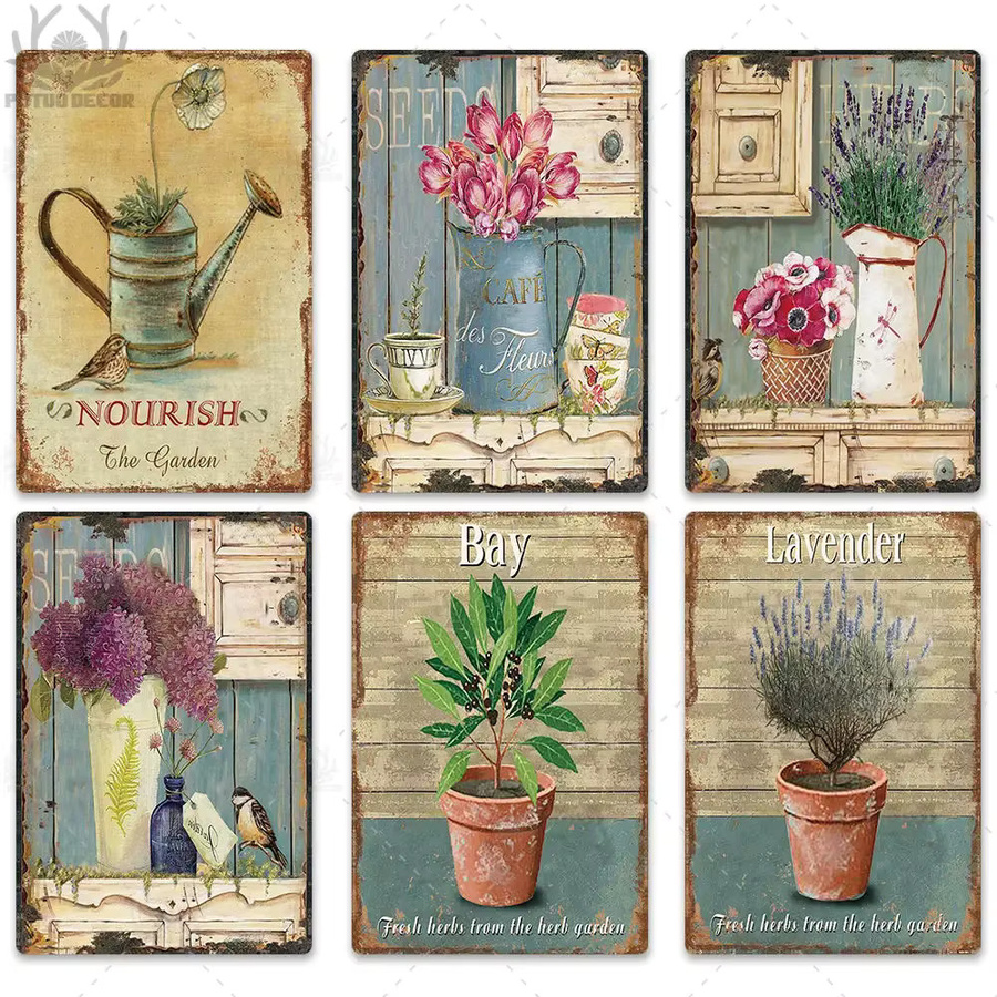 VintageFlowerDecor Metallschild Blumen Retro-Design Shabby Chic Wanddeko Multicolour B: 30,0 cm, H: 20,0 cm - Bild 1