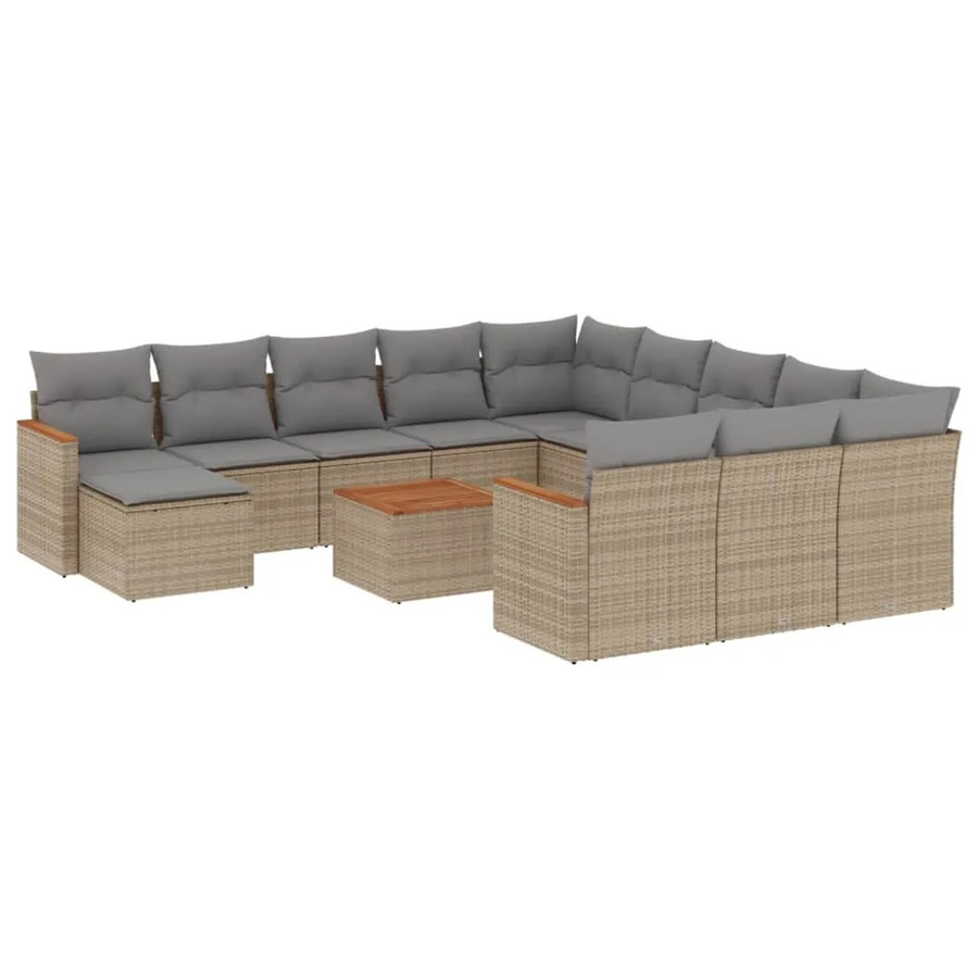 vidaXL 13-tlg. Garten-Sofagarnitur in L-Form aus Poly-Rattan und Akazienholz mit Kissen, Beige/Grau - Bild 2