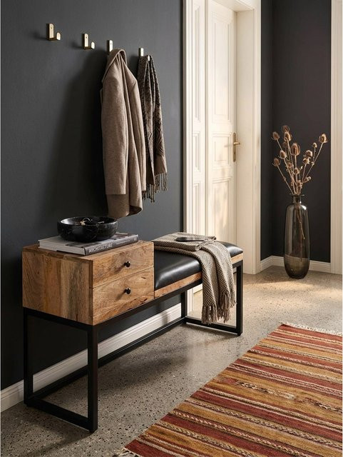 KADIMA DESIGN Sitzbank im Retro-Style aus Ziegenleder und Metall in Schwarz, B/T/H: 100 x 60 x 35 cm - Bild 1