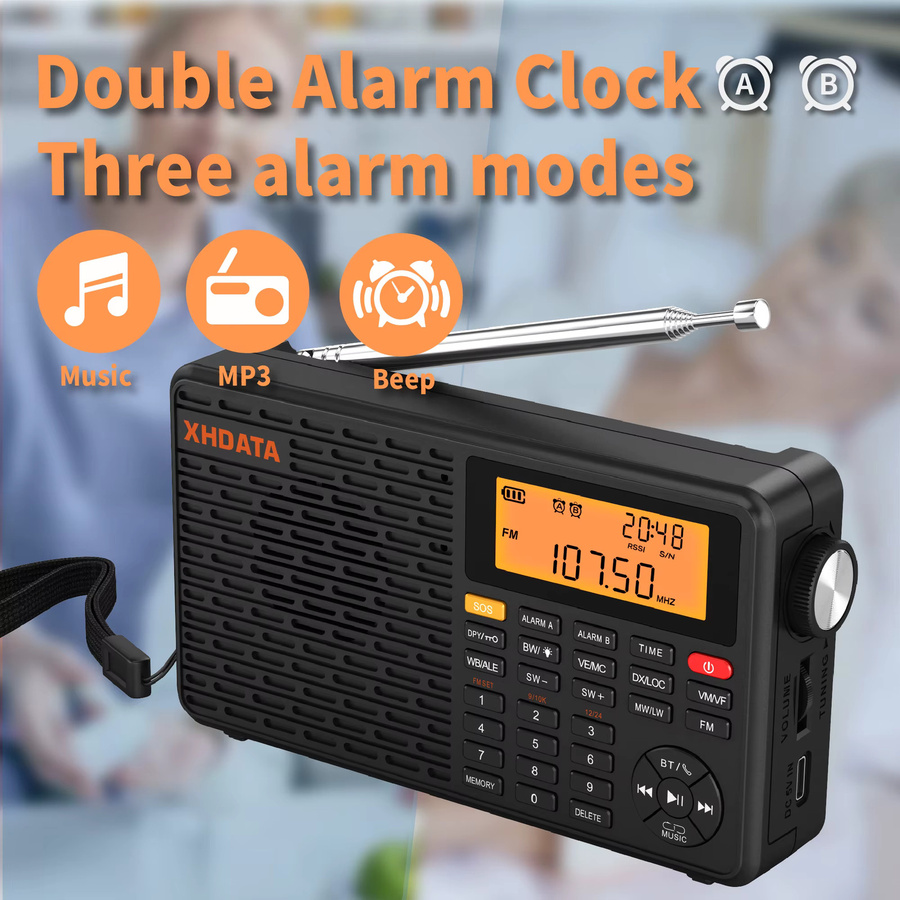 XHDATA D-109WB Digitaler Wecker und Tragbares Radio in Schwarz mit AM FM Stereo SW MW LW, USB-C und Wettervorhersage - Bild 3