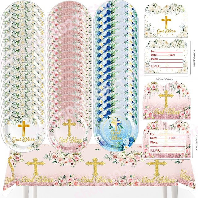Potdemiel Taufzubehör Set mit Teller, Pappbechern, Servietten und Tischdecke in Mehrfarbig mit floralem Kreuz-Design - Bild 1