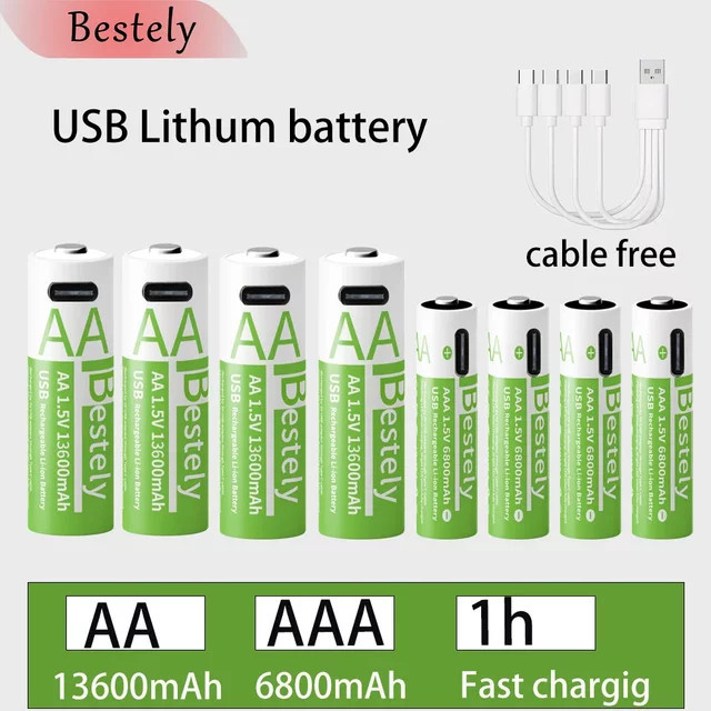 Rscrola Lithium-Ionen-Akkus Set mit USB-C-Schnellladung, 1,5V AA 13600mAh und AAA 6800mAh - Bild 1