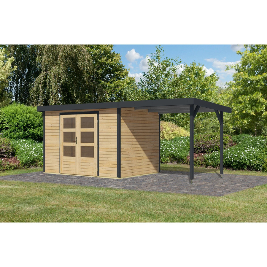 Karibu Gartenhaus Ernesto mit Anbaudach in Natur und Anthrazit, B/T/H: 298 x 209 x 213 cm - Bild 2