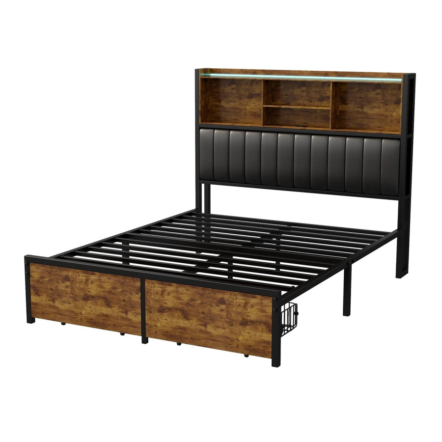 PXloue Polsterbett mit Schubladen und USB-Ladeport aus Kunstleder in Schwarz, B/H/T: 140 x 217 x 200 cm - Bild 2