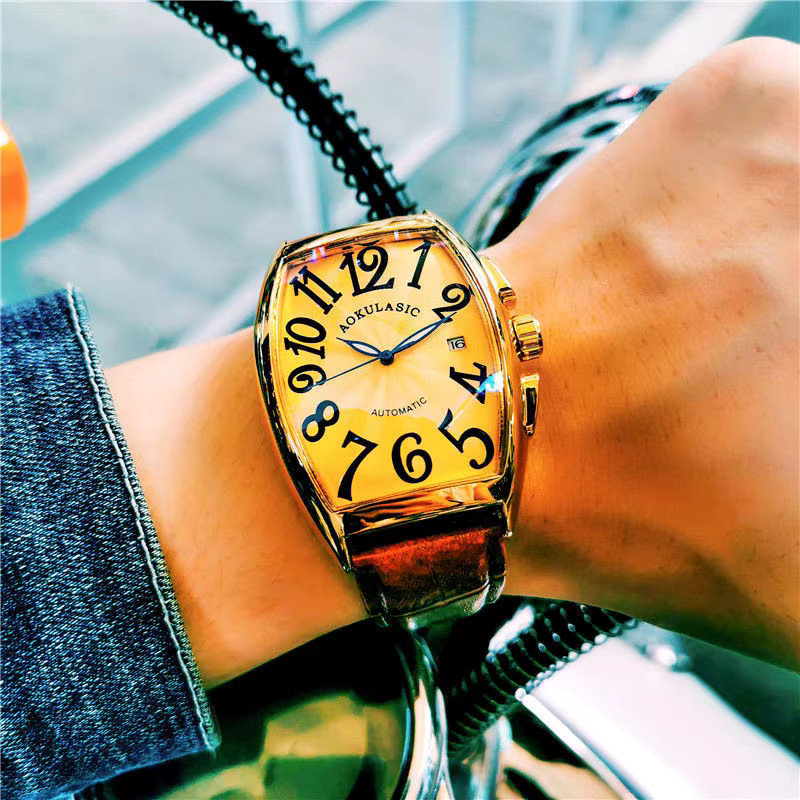 AOKULASIC Armbanduhr, mechanisch, Tonneau, Gold, Leder, Herren - Bild 2