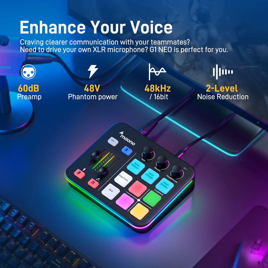 Maono G1 Neo Gaming Audio Mixer mit RGB Streaming, XLR Mikrofon Audio Interface für Podcast und Game Voice, Schwarz - Bild 2