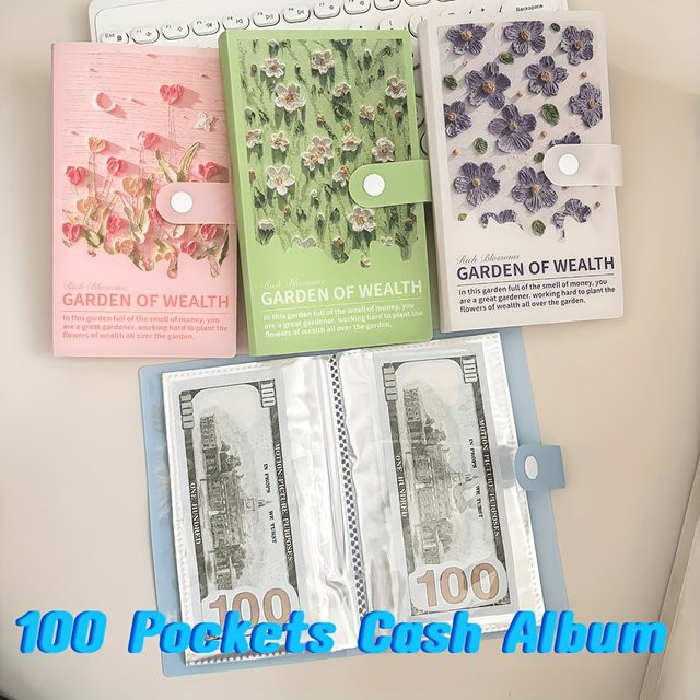 Bargeld-Budgetplaner-Buch mit 100 Taschen und 50 Hüllen, Blumen-Reichtum-Album in A6, Organizer in Grün und Mehrfarbig - Bild 1