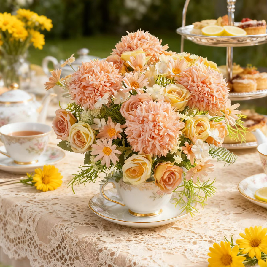 Brial Home Künstliches Blumenbouquet aus Seide mit Rosen und Chrysanthemen für Tischdekoration und Hochzeitsdeko - Bild 2