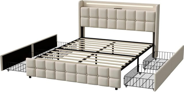 PXloue Bett mit Kopfteil, Schubladen und USB-Ladeport, Leinen, Beige/Grau, B/T/H: 144,5 x 200 x 103,5 cm (ohne Matratze) - Bild 1