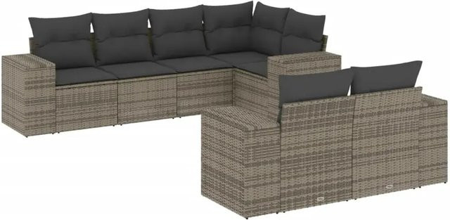 vidaXL 7-teilige Garten-Sofagarnitur in L-Form aus grauem Poly-Rattan mit Sitzkissen und Stauraum - Bild 1