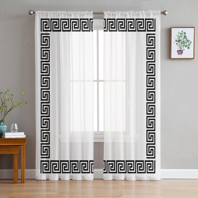 Super Six Transparente Voile-Vorhänge mit griechischem Schlüsselmuster in Rot und Weiß, Chiffon-Tüllvorhang für Wohnzimmer, Küche und Schlafzimmer, Breite: 135 cm, Höhe: 183 cm - Bild 1