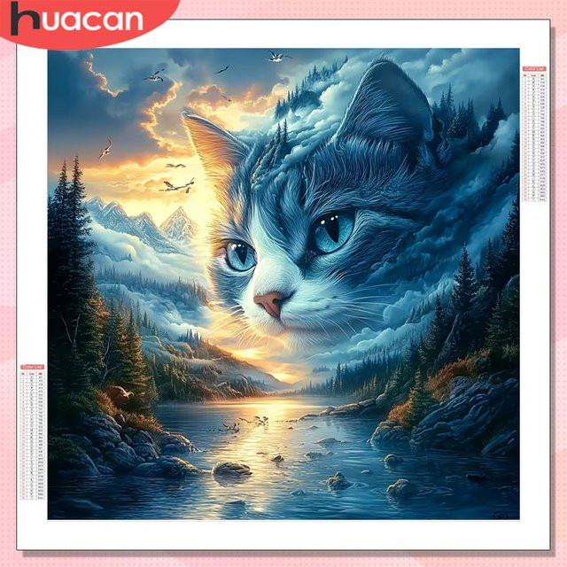 HUACAN 5D Diamant-Mosaik Wanddekoration Katze und Berglandschaft in Multicolour - Bild 1