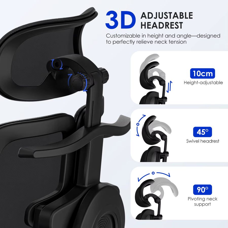AUTHMIC Premium Ergonomischer Bürostuhl in Schwarz mit 6D-verstellbaren Armlehnen, 3D-Kopfstütze, 3-Zonen-Rückenlehne und 200 kg Tragkraft - Bild 4