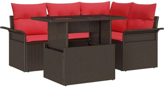 vidaXL Gartenmöbel-Set aus Polyrattan in Braun mit 5-teiliger Polstergarnitur, 3-Sitzer Sofa, Ottoman und Couchtisch inklusive Kissen mit integriertem Stauraum - Bild 1
