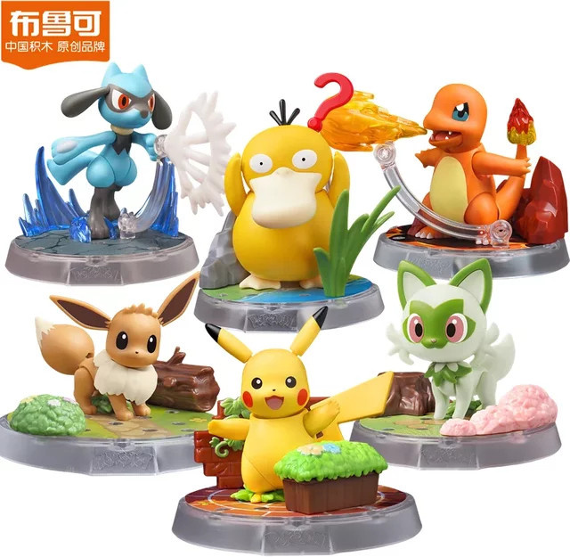 Blokees Pokémon DIY Mini-Baustein Action Figuren Set mit Pikachu, Eevee, Sprigatito, Lucario, Psyduck und Charmander für Kinder - Bild 1