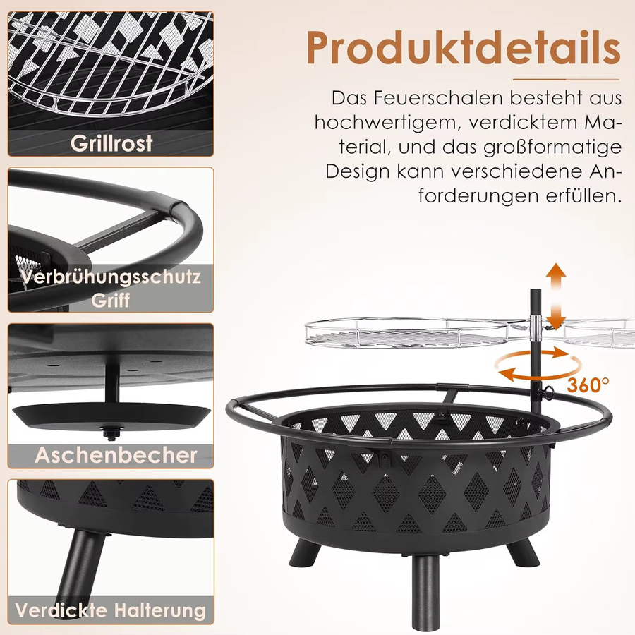 Homfa Multifunktionale Feuerschale in Schwarz mit Funkenschutz und Grillrost, höhenverstellbar, B/T/H: 76,0 x 58,0 x 15,0 cm - Bild 3