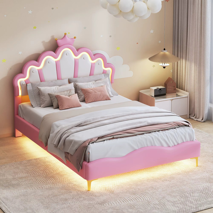 Comanlai Kinderbett Crown Princess in Pink mit LED-Kopfteil, Schubladen und Lattenrost, B/T/H: 90 x 200 cm - Bild 2