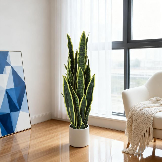 HiMISS Künstliche Schlangenpflanze Sansevieria Trifasciata im Topf, Grün mit braunem Detail, Dekorative Kunstpflanze für Tisch und Büro - Bild 1