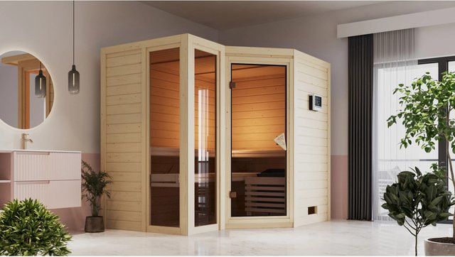 Karibu Bio-Sauna Amalia aus Massivholz in Natur mit BioKombiofen 9,0 kW und externem Steuergerät, Farbe: Braun, B/T/H: 236 x 198 x 212 cm - Bild 2