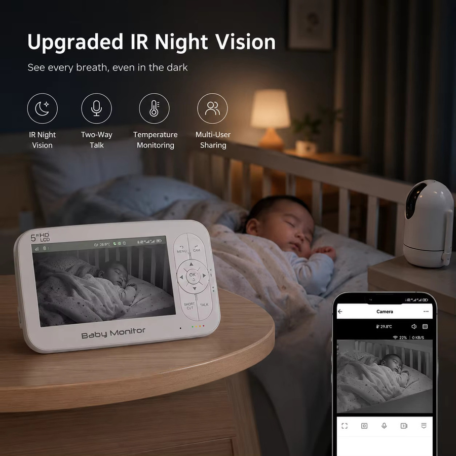 Aurovue HD-Video-Babyphone-Set mit 5-Zoll-Bildschirm, Tuya Smart App Steuerung, Zwei-Wege-Audio, Infrarot-Nachtsicht und Temperaturüberwachung, Weiß - Bild 4