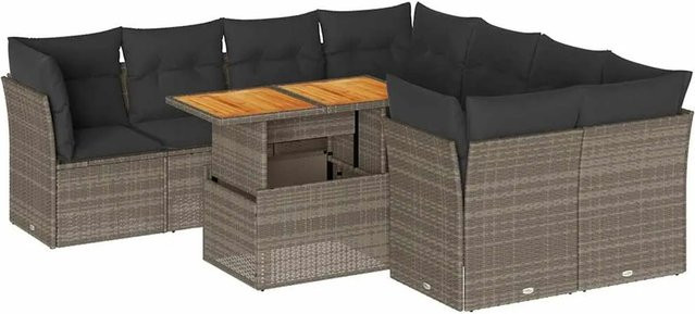 vidaXL 9-teilige Garten-Sofagarnitur aus Poly-Rattan und Akazienholz in Grau mit Kissen - Bild 1