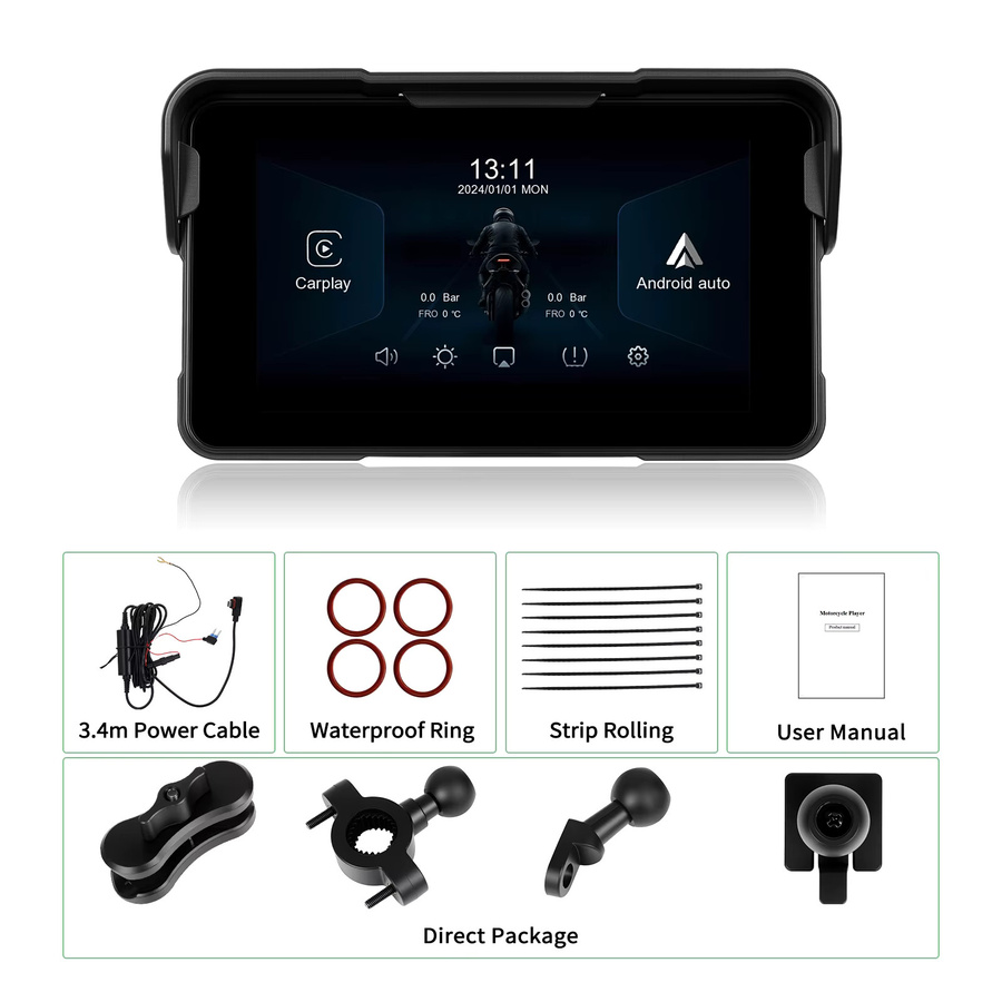 Podofo 5-Zoll Wireless Carplay und Android Auto Motorrad-Navigator mit GPS und IP68 wasserdichtem Display in Schwarz - Bild 4