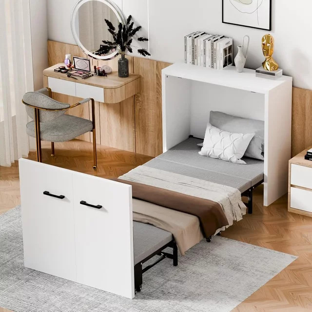 Nordischer Bettschrank in Weiß als zusammenklappbares Rollbett mit Matratze für Erwachsene aus MDF und Spanplatte - Bild 1