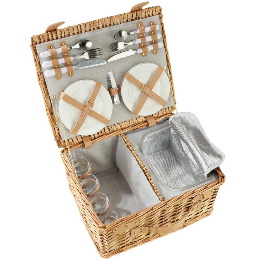tectake Picknickkorb Föhr für 4 Personen aus geflochtener Weide in Braun mit integriertem Kühlfach, 20-teiligem Geschirrset und Kellnermesser, B/T/H: 45 x 37 x 21 cm - Bild 2