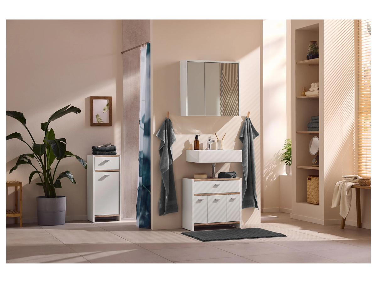 LIVARNO Bad-Seitenschrank Boston in Eiche und Weiß, modern mit Regalböden und Schwenktüren - Bild 3