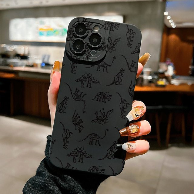 Schwarze Handyhülle mit Dinosaurier-Fossil-Print für iPhone 11 bis iPhone 17 Pro Max und weitere Modelle - Bild 1