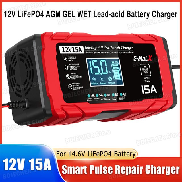 Smart Pulse Reparatur Ladegerät für LiFePO4, Blei-Säure, AGM und GEL Batterien, 14,6 V 15A, Farbe: Rot - Bild 1