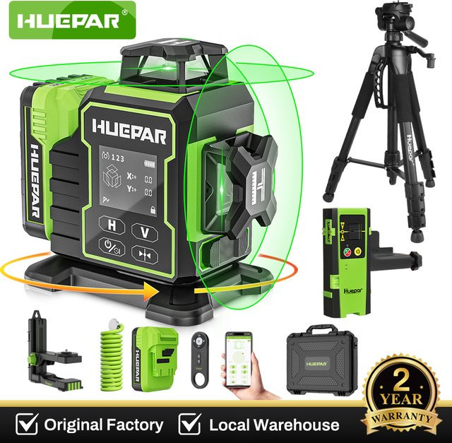 Huepar W03CG Set 3D 12-Linien Laserniveau mit Bluetooth, rotem Laser, Detektorstativ, LCD-Bildschirm und Fernbedienung - Bild 1