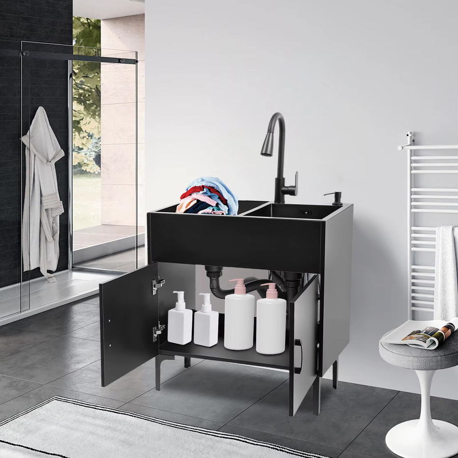 Bymaocar Waschbecken-Schrank mit Edelstahl-Waschbecken in Schwarz Matt, freistehendes Spülbecken für Badezimmer und Küche, Breite: 76,2 cm - Bild 2