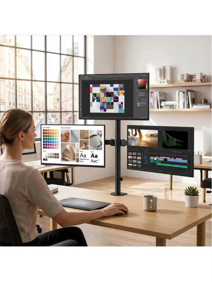 Dreifach-Monitorständer für 3 Bildschirme 10-32 Zoll in Schwarz, höhen- und winkelverstellbar, VESA 75x75/100x100mm, für Flach- und Curved-Monitore bis 10kg pro Bildschirm - Bild 7