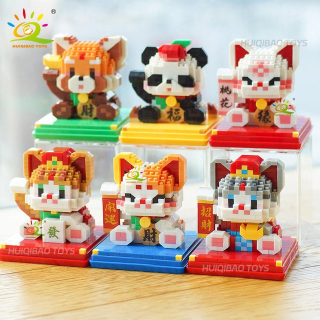 HUIQIBAO Niedliches Tier Mini Glückskatze, Mikromodell Baustein, Bunt - Bild 1