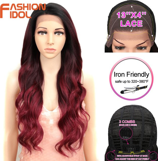 FASHION IDOL Perücke, 26 Zoll, Lace Front, synthetisch, Ombre Burgund, Körperwelle, Damen - Bild 1