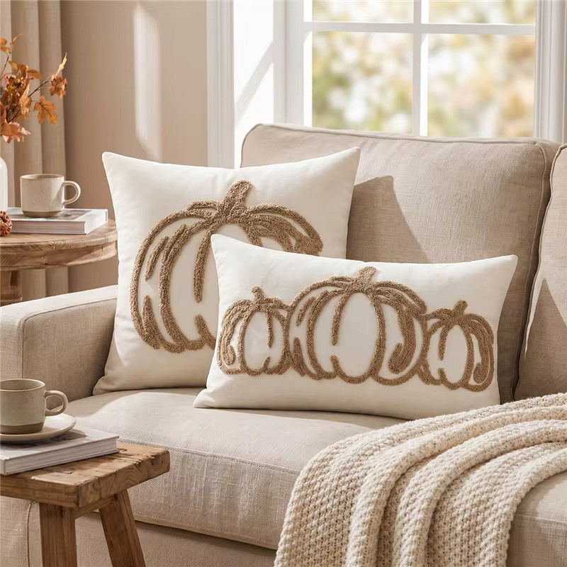 Efundeal Herbst-Kissenbezug mit getufteter Stickerei und Kürbismuster in Beige und Weiß - Bild 1