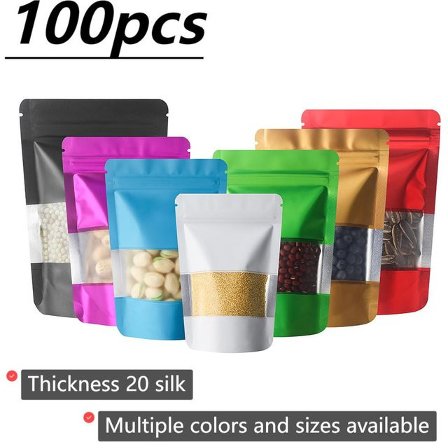 100 Stück matte Mylar-Beutel aus Aluminium in Schwarz mit Sichtfenster, selbststehende und feuchtigkeitsbeständige Lebensmittelbeutel für Snacks und Süßigkeiten - Bild 1
