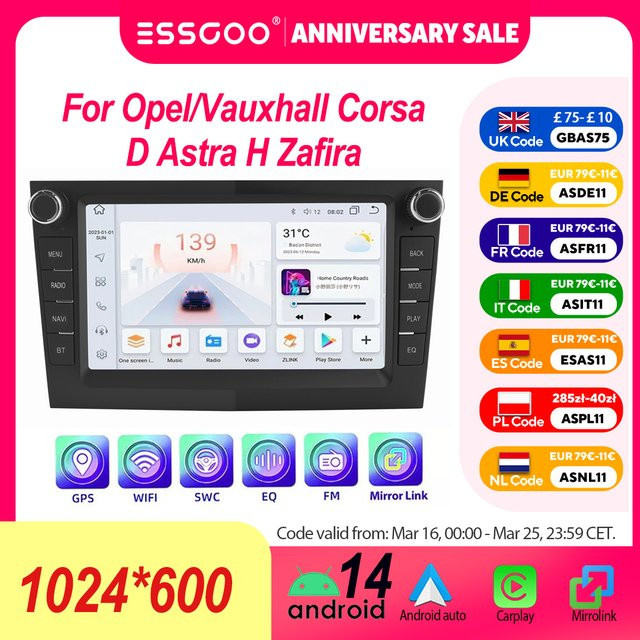 ESSGOO Wireless Carplay Android Auto Autoradio in Schwarz mit 7 Zoll IPS Touchscreen, GPS Navigation, KI-Sprachsteuerung, WIFI und Bluetooth für Opel Corsa D, Astra H und Zafira - Bild 1