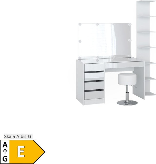 Vicco Schminktisch Sherry in Weiß Hochglanz mit LED-Spiegel, Hocker und Aufbewahrungsregal, 4-teiliges Set - Bild 1