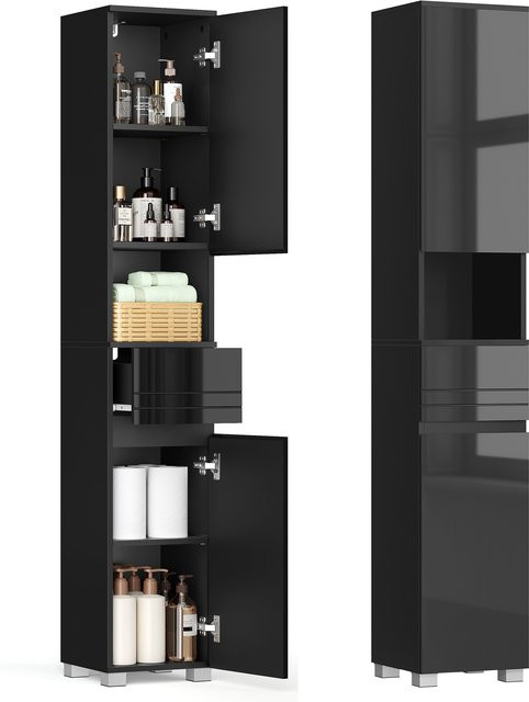 VASAGLE Badezimmerschrank in Schwarz mit Schublade und verstellbaren Ablagen, B/T/H: 30 x 30 x 170 cm - Bild 1
