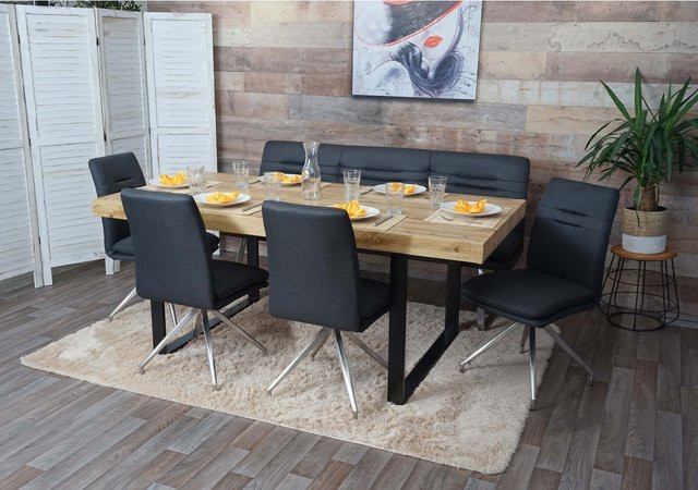 Esszimmer-Set MCW-H70 Sitzgruppe in Dunkelgrau mit Stoffbezug und gebürstetem Edelstahl, Breite: 180 cm - Bild 1