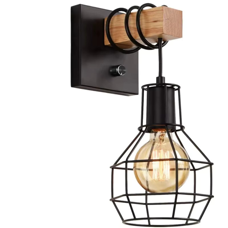 JOYINLED Wandleuchte Moderne Retro Nachttischlampe im Käfig-Design Schwarz mit Holzsockel WL0334 - Bild 6