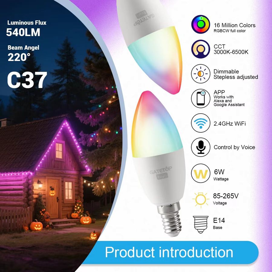 Tuya Smart LED Kerzenlampe E14 RGBW mit App- und Sprachsteuerung für Alexa und Google Home, 6W - Bild 2